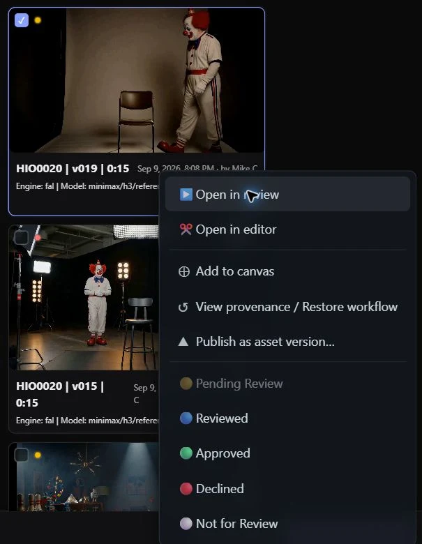 Take HIO0020 v019 selected with its right-click menu open, including View provenance / Restore workflow.